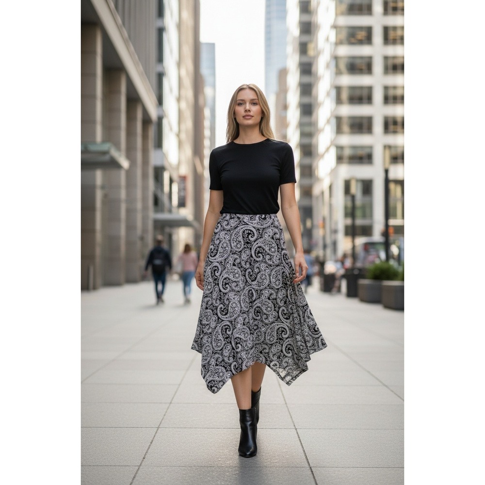 Chicos Black White Paisley Print Asymmetrical Hem Midi Skirt Size 2 (12)‎